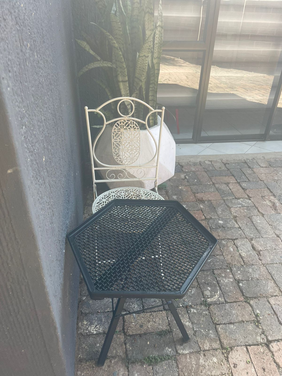 Patio seating nook with snake plant